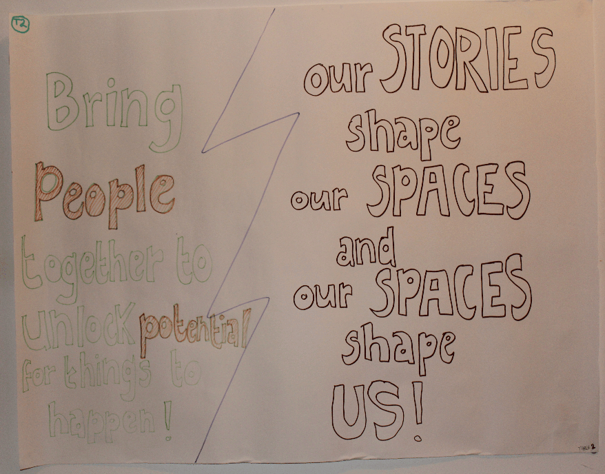 Writing on the wall: 'Our Stories shape our Spaces and our Spaces shape Us '