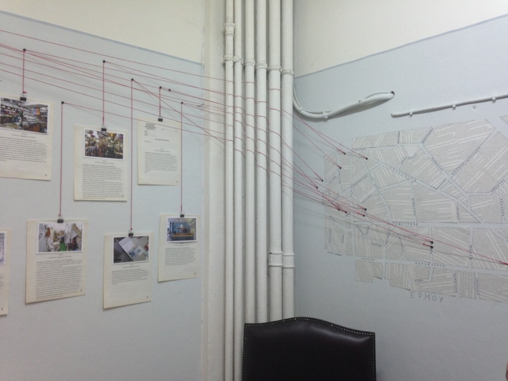 notes and pictures on the wall connected with string
